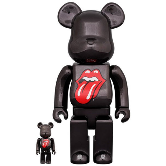 400% & 100% Bearbrick set  The Rolling Stones Hot Lips logo Black Chrome, voorkant foto